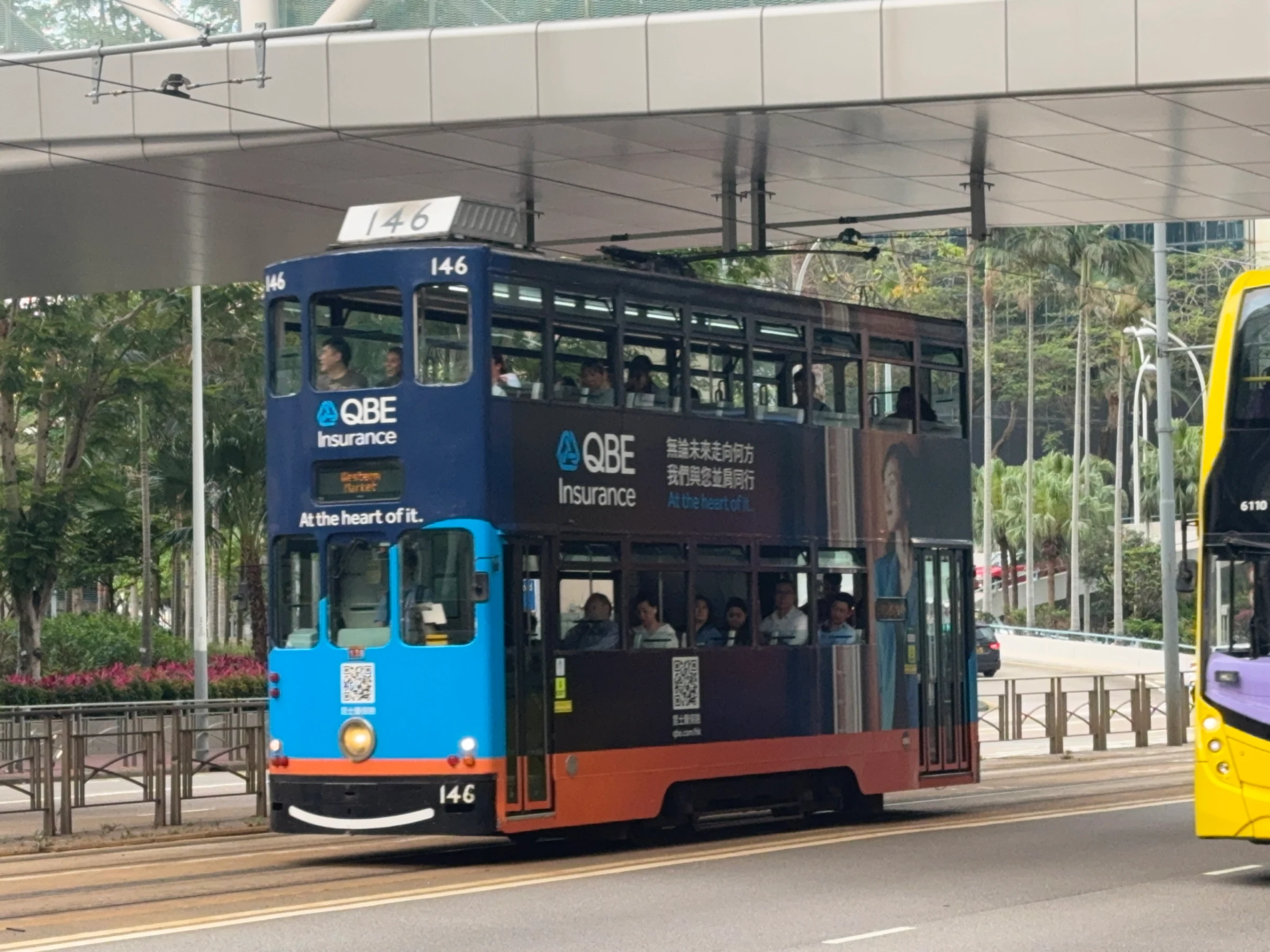 Double-decker tram 146 near Admiralty in April 2026, bound for Sheung Wan