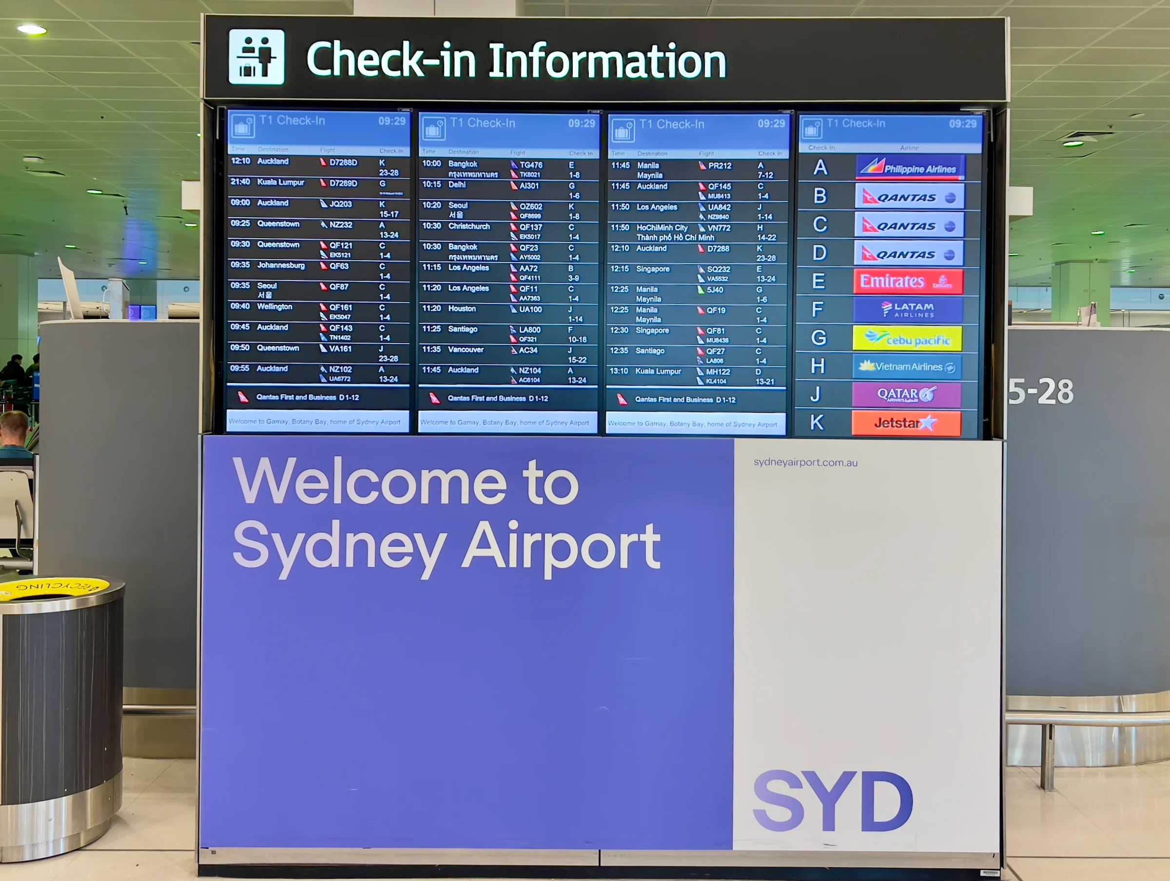 Bảng thông tin làm thủ tục tại Nhà ga số 1 (nhà ga quốc tế) sân bay Sydney