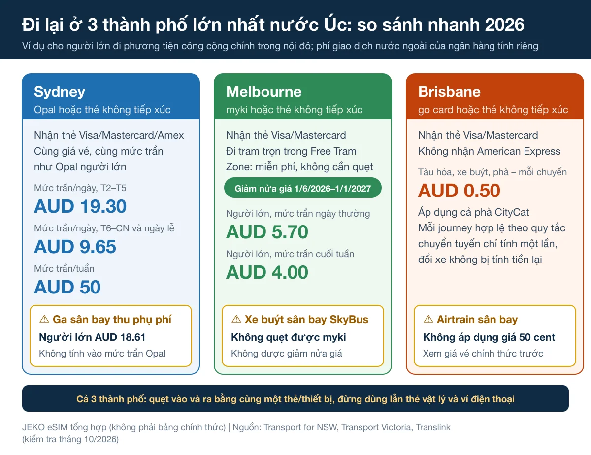 Bảng so sánh giao thông ở ba thành phố lớn của Úc: mức trần giá vé Opal ở Sydney, tram miễn phí và giảm nửa giá myki ở Melbourne, giá vé 50 cent và ngoại lệ Airtrain ở Brisbane